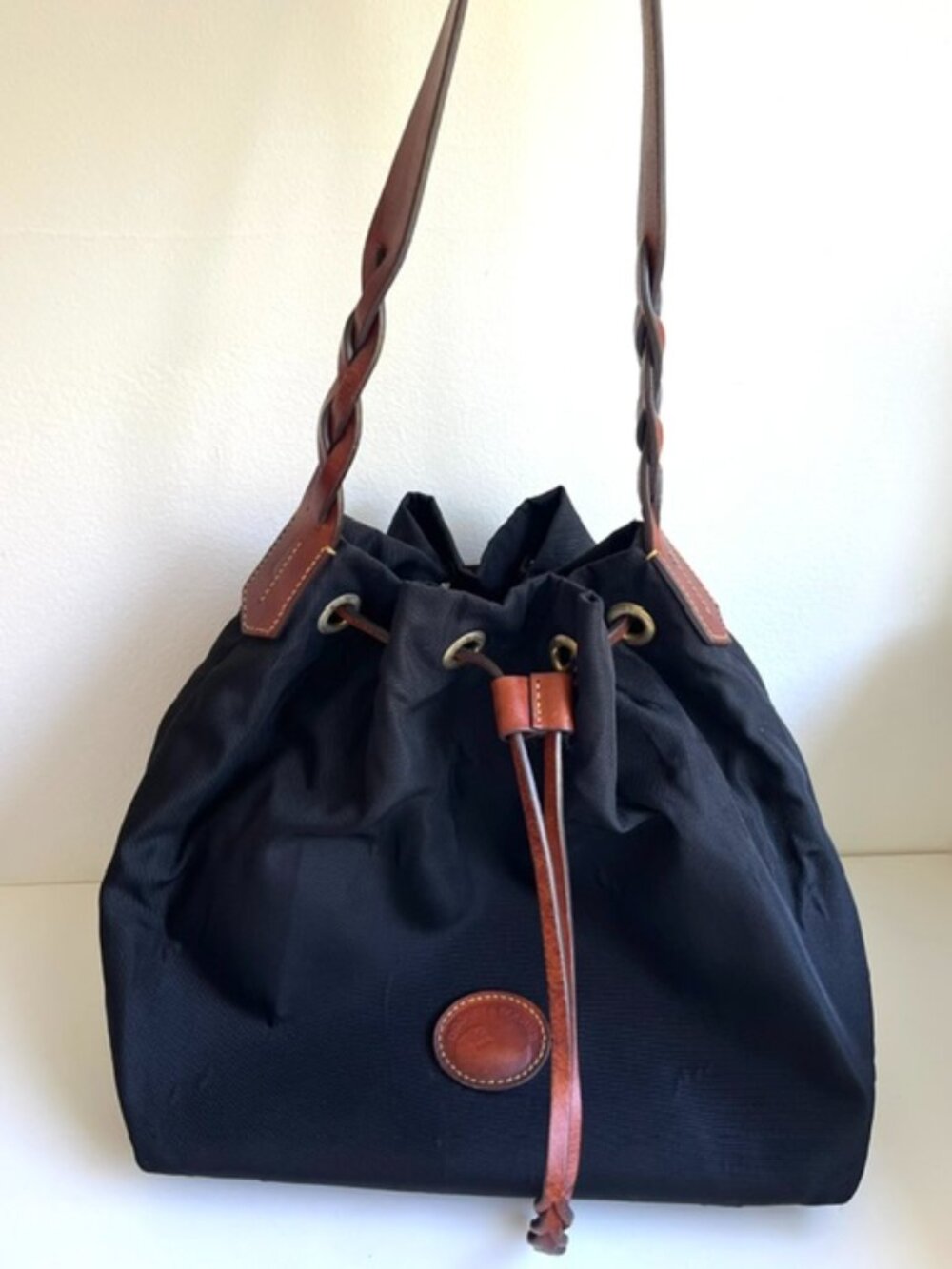 Vintage Dooney & Bourke Nylon Drawstring Bucket Bag with Leather Detail